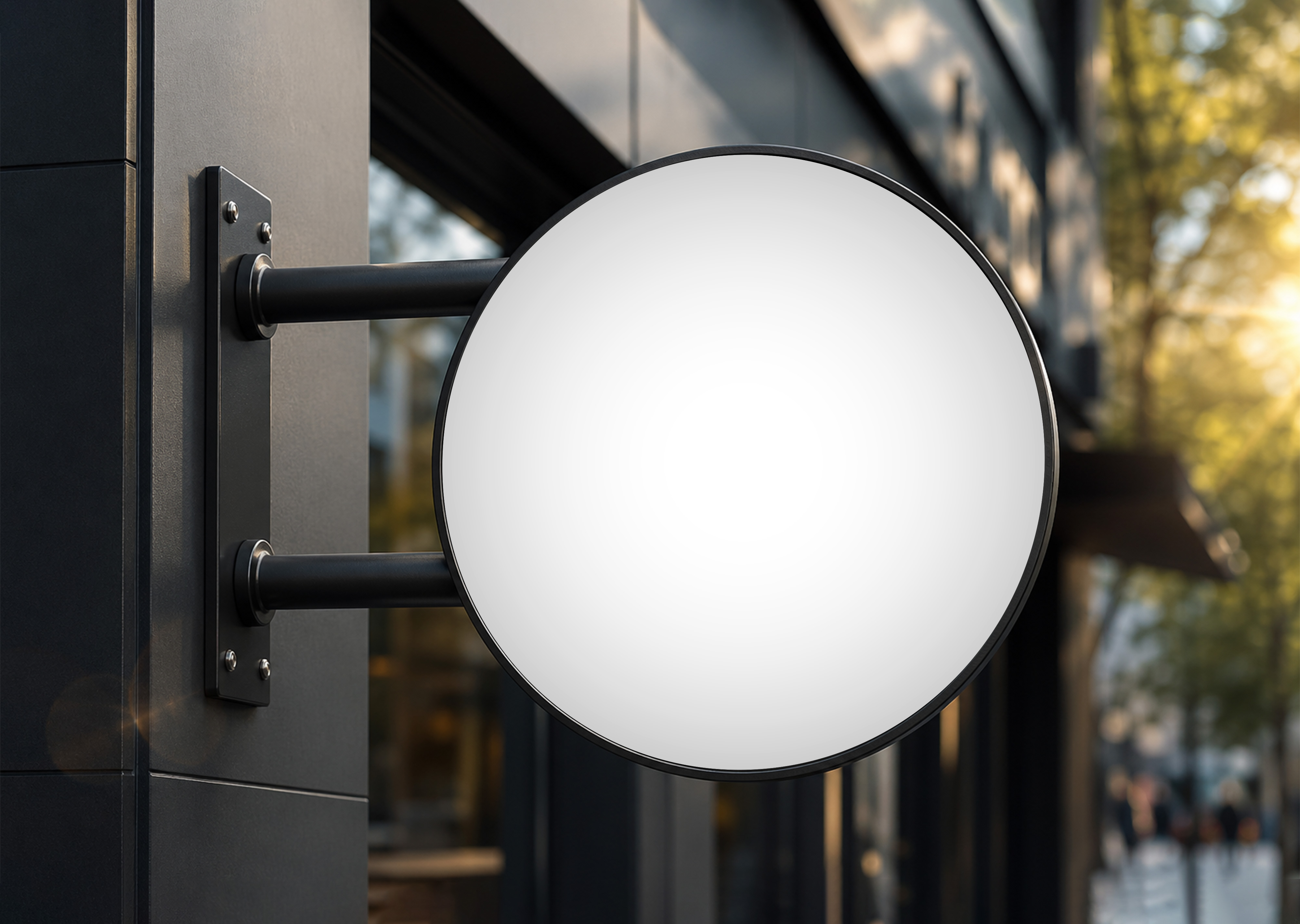 FREE ROUND WALL SIGN MOCKUP — OUTDOOR BLADE SIGN (PSD) | Mockupidea